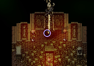A dark statue looms overhead.; highlighted search position
